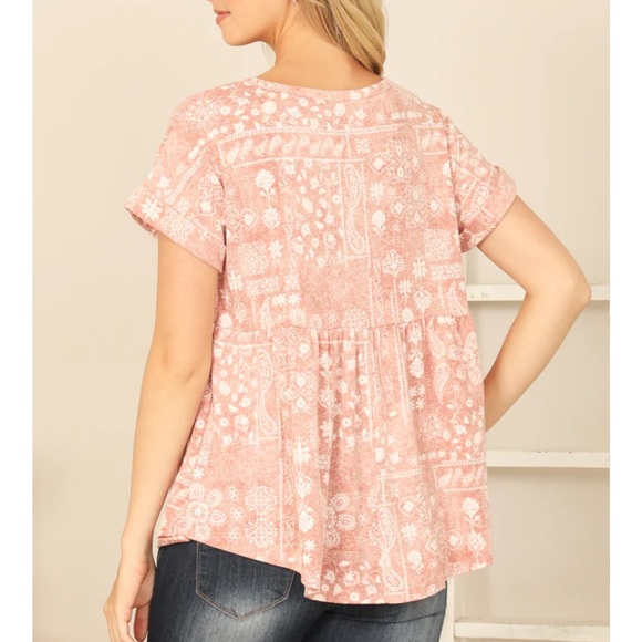 FSL Apparel | Babydoll Rolled Sleeve Tee Blouse‎ Boho Print - Picture 3 of 11
